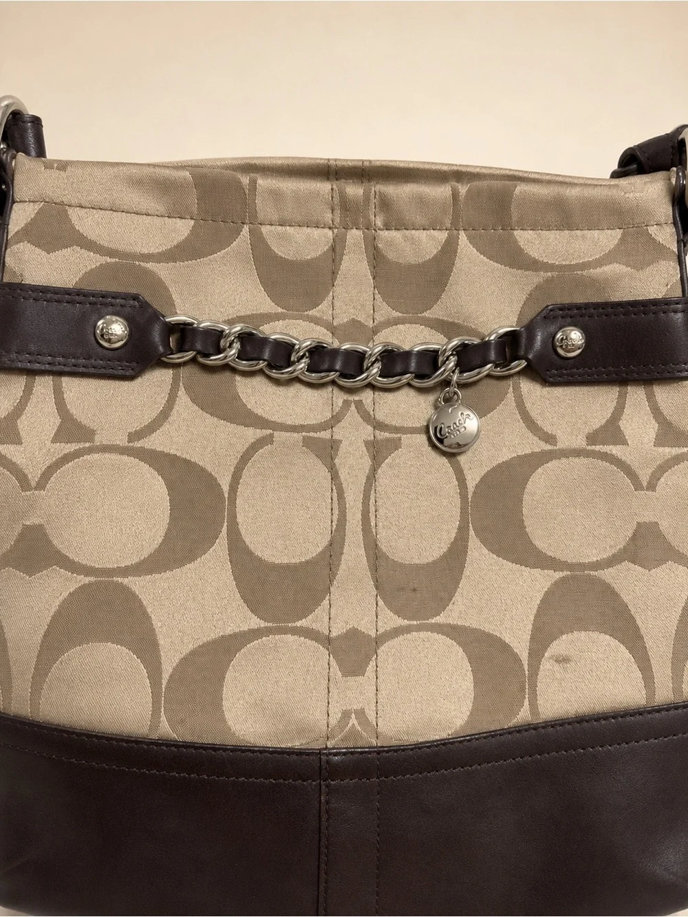 Coach F18862 Signature Sateen Chain Duffle Crossbody Bag Brown Khaki
